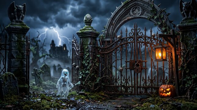 Spooky Halloween Scene with Ghost, Pumpkin, and Old Gate