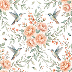 Obraz premium Watercolor seamless pattern with hummingbirds and peach roses with green foliage on white background