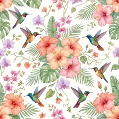 Watercolor tropical seamless pattern with hummingbirds, hibiscus flowers, and exotic leaves on white background © Vextox