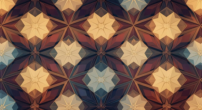Geometric pattern featuring symmetrical star shapes and diamond motifs in muted earth tones