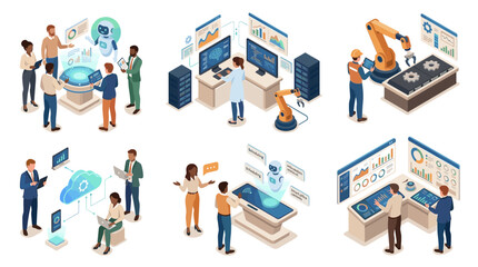 Fototapeta premium Isometric VR training and industrial automation technology icons.