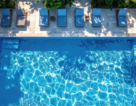 Aerial view of a refreshing swimming pool with sun loungers.