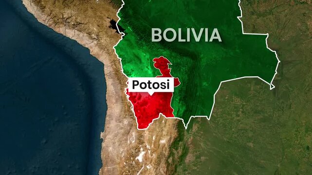 Animated map footage highlighting Potosi region within Bolivia territory