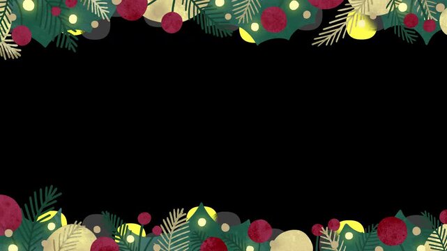 ループで使えるクリスマスフレーム動画 手描きイラスト 背景透過 もみの葉とオーナメント くすみカラー