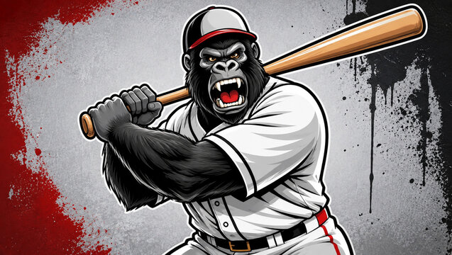 Angry gorilla baseball player holding a wooden bat mascot vector illustration