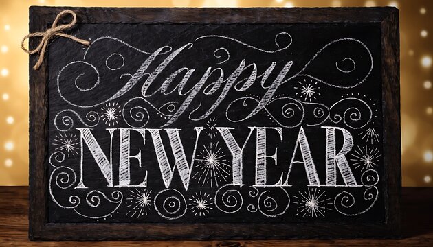 Happy New Year handwritten chalk lettering message on a dark slate blackboard frame