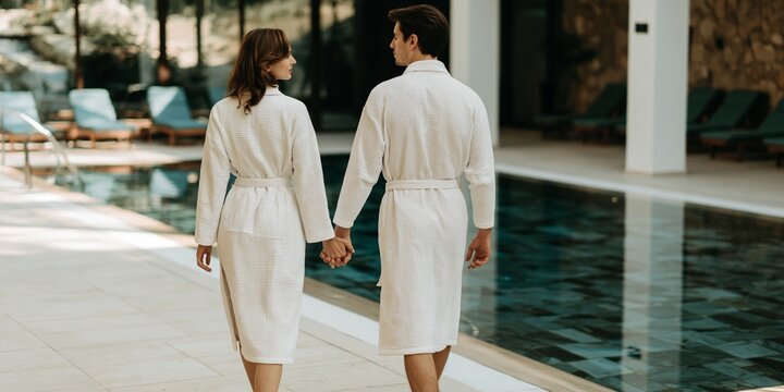 A couple holding hands and walking by a swimming pool in luxurious bathrobes. They are walking away from the camera, towards an unseen destination, suggesting a romantic getaway or a spa retreat.