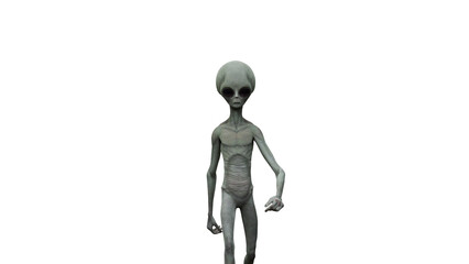 Small grey alien stands alone against a bright transparent background, presenting a classic extraterrestrial figure with large dark eyes and slender body for science fiction and cosmic themes  © Versa