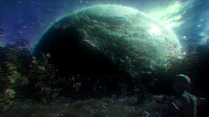 Mysterious alien planet rises above a shadowy extraterrestrial landscape beneath luminous cosmic clouds, creating a dramatic science fiction scene of deep space exploration and discovery  © Versa