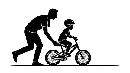 Father teaching child to ride bicycle silhouette icon. Parent helping son learn to ride bike. Black vector illustration of family outdoor activity and childhood education concept. isolated on