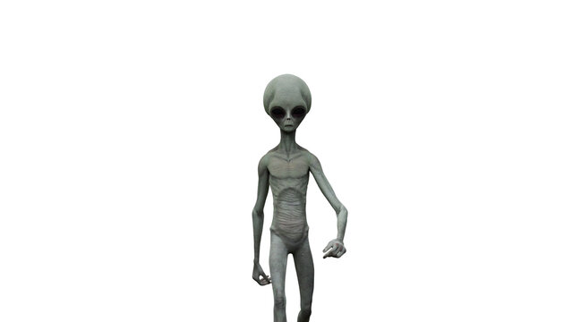 Small grey alien stands alone against a bright transparent background, presenting a classic extraterrestrial figure with large dark eyes and slender body for science fiction and cosmic themes
