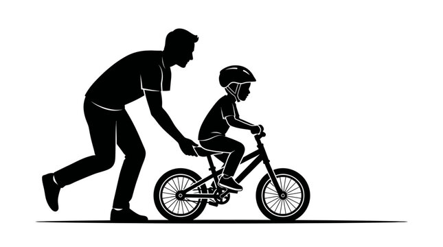 Father teaching child to ride bicycle silhouette icon. Parent helping son learn to ride bike. Black vector illustration of family outdoor activity and childhood education concept. isolated on