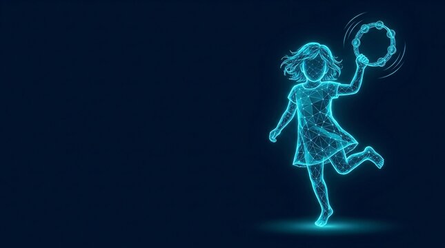 Glowing digital mesh wireframe illustration of a young girl dancing and holding a tambourine with tambourine wireframe hologram futuristic technology abstract