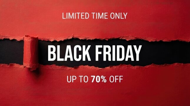Black friday sale with torn red paper, revealing a black, featuring bold white text and a 70 percent discount offer for limited time shopping events black friday