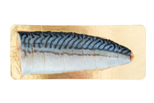 Mackerel fillet on a golden background isolated on a white background. Top view. Source of omega.