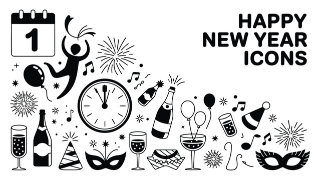 Happy new year celebration icons set with fireworks and champagne