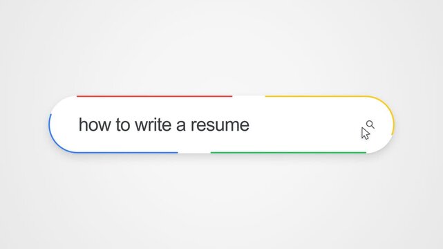 Close-up view of typing "how to write a resume" into an online search bar with a cursor clicking the search icon, illustrating internet search and career development research