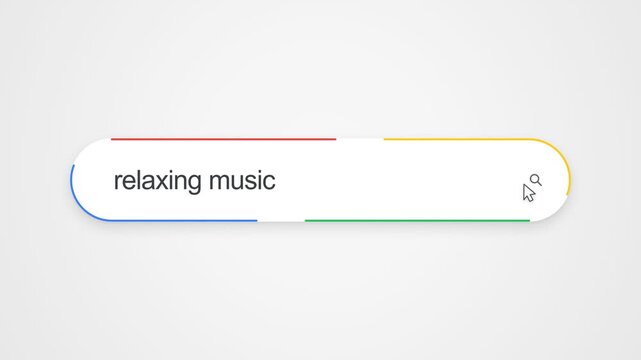Close-up view of typing "relaxing music" into an online search bar with a cursor clicking the search icon, illustrating internet search and music streaming research