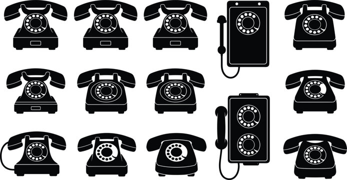 Vintage rotary phone vector icon set featuring black silhouettes of classic desktop telephones and antique wall mounted models for retro communication design concepts.
