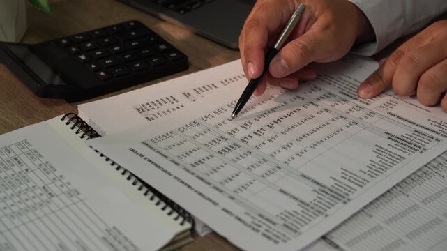 Accountant calculating figures on financial reports with pen for financial planning, accounting, bookkeeping, tax preparation, budget review.