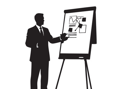 Businessman in a suit giving a presentation with a flip chart showing business data and graphs Vector, illustration