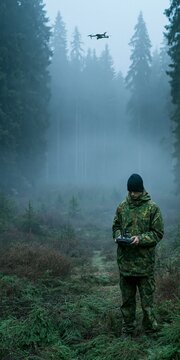 A person in camouflage clothing operates a drone in a foggy forest. The drone flies in the distance above the trees, hinting at an aerial surveillance or reconnaissance mission