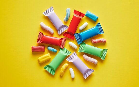 Colorful wrapped candy bars chewing gum arrangement bright yellow background top view image