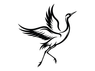 Naklejka premium Stylized flying crane bird vector illustration, minimalist monochrome graphic design element, traditional art motif for logo