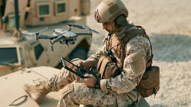 A soldier operating a drone with a tablet while sitting on a military vehicle in a desert environment. The soldier is wearing tactical gear and a helmet, and the drone is hovering in the air