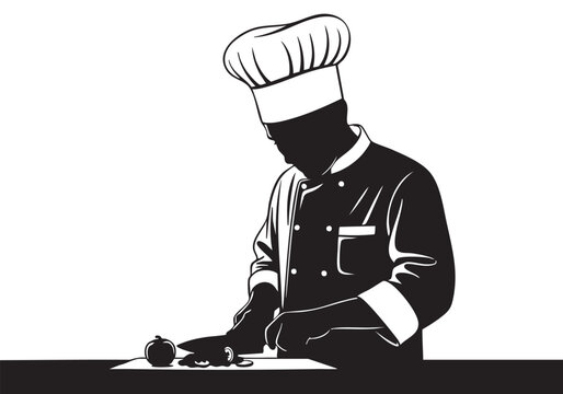 Professional chef in uniform cutting fresh vegetables with a knife on a wooden kitchen board Vector, illustration