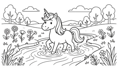 Fototapeta premium Charming unicorn stands in a meadow surrounded by trees and flowers illustration