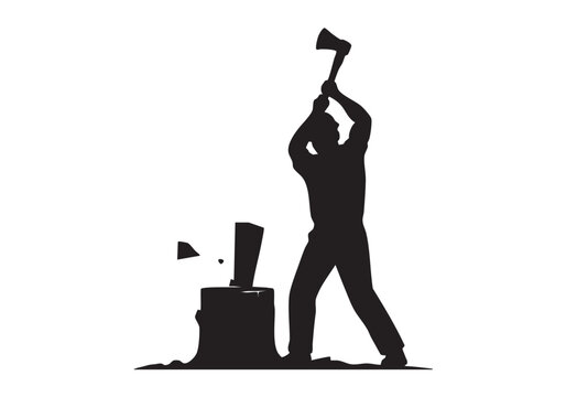 Black silhouette of a strong lumberjack man chopping wood with an axe on a tree stump Vector, illustration