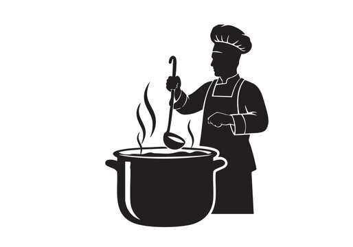 Black silhouette of a professional chef cooking soup in a large pot using a metal ladle Vector, illustration
