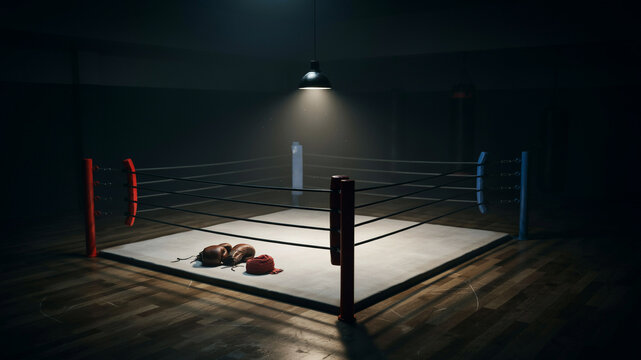 Empty Boxing Ring: An empty boxing ring with worn gloves and a headguard on the mat, illuminated by a spotlight, evoking a sense of past battles and anticipation for future contests.