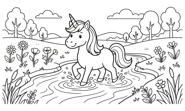 Charming unicorn stands in a meadow surrounded by trees and flowers illustration