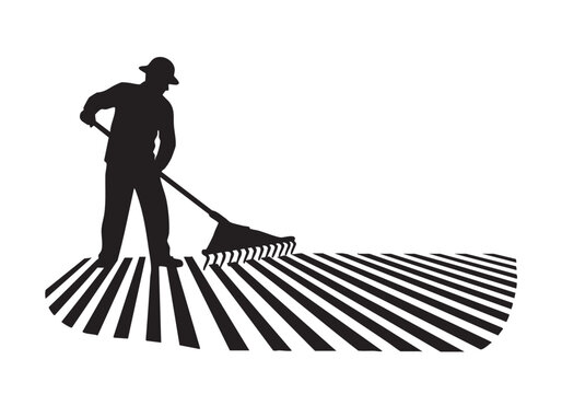 Black silhouette of a farmer using a rake to work on the soil in an agricultural field Vector, illustration