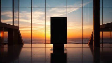 Fototapeta premium Minimalist interior features large windows, sunset view. Dark room contrasts bright sky, creating dramatic effect. Modern design.