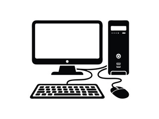 Fototapeta premium Desktop computer workstation icon, black silhouette of PC monitor with keyboard and mouse, office hardware vector illustration