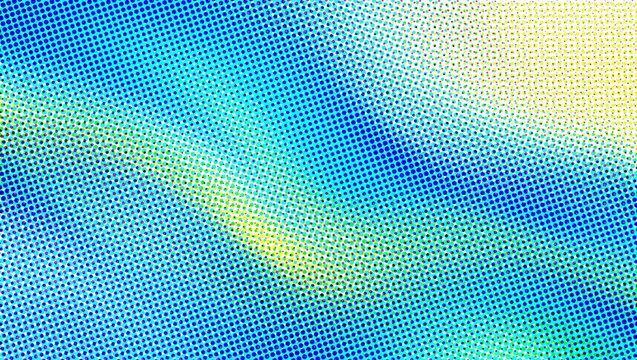 Halftone abstract background with blue and yellow gradients. Retro pop art dot pattern texture. Vibrant wavy digital wallpaper for graphic design. Vibrant halftone gradient background