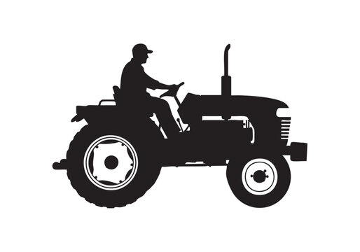 Black silhouette of a farmer driving a tractor in the field for agricultural work and farming Vector, illustration