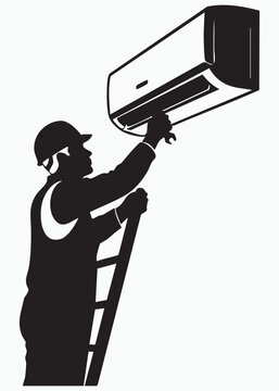 Silhouette of a technician repairing an air conditioner while standing on a tall ladder Vector, illustration