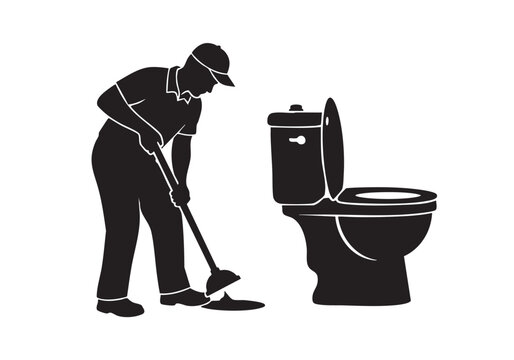 Black silhouette of a professional plumber using a plunger to fix a clogged toilet bowl Vector, illustration