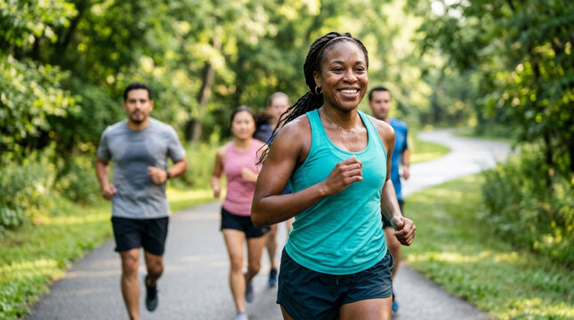 Diverse group of people running on park path, healthy lifestyle, fitness