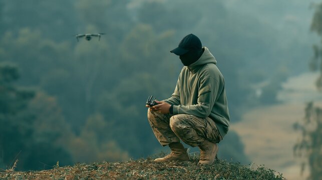 A man in a black balaclava and hooded sweatshirt squats on a cliff edge, looking down at his phone, with a bird flying in the background under a misty sky.