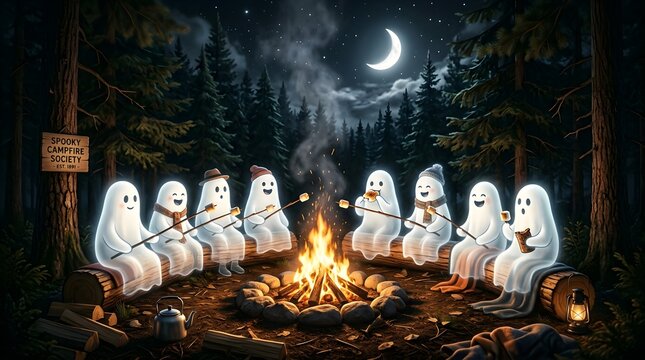 Cute ghosts roasting marshmallows at a campfire in a dark forest at night