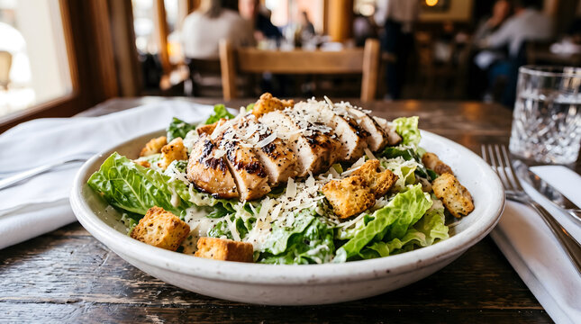 Classic Caesar Salad with Grilled Chicken Croutons and Shaved Parmesan Cheese in Restaurant Setting