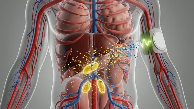 Smart Glucose Trend Visualization In Transparent Torso Showcasing Internal Organs And Blood Vessels For Healthcare Technology Education