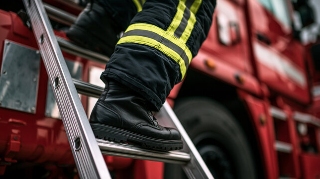 A firefighter wearing protective gear climbs down a metal ladder on a red fire engine. This image depicts emergency response and public safety services.