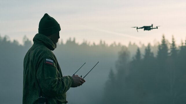 A man operating a drone with a remote control in a foggy forest. The drone is flying in the sky while the man is looking up at it