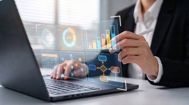 business professional using laptop with digital analytics dashboard overlay to track performance metrics, visualize growth charts, and manage workflow productivity in modern office.